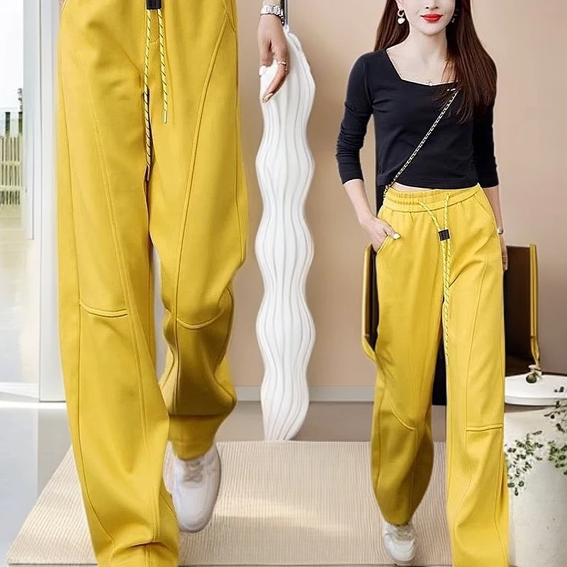 欧货黄色香蕉阔腿裤女2025春秋新款高腰显瘦镰刀裤宽松休闲直筒裤