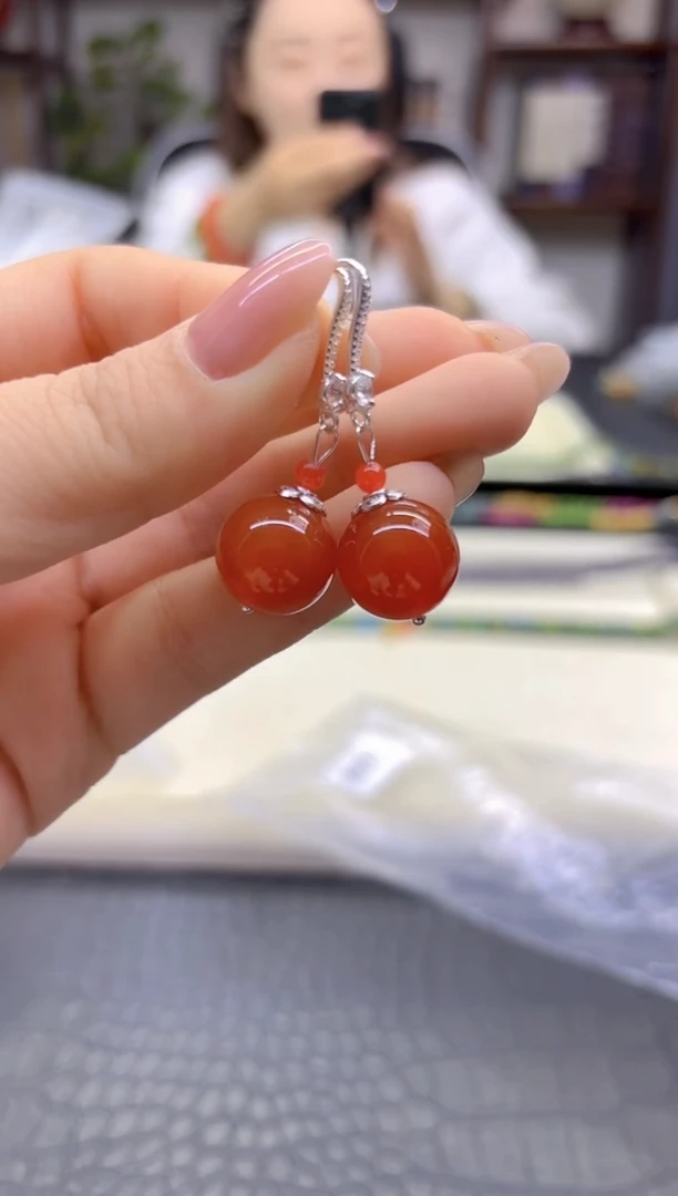 银S925镶嵌南红玛瑙耳饰DIY款E971