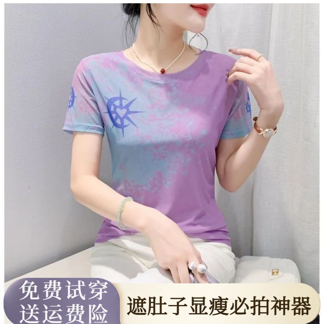 上衣夏女设计感小众法式高级感打底衫2025爆款网纱印花冰丝t恤潮