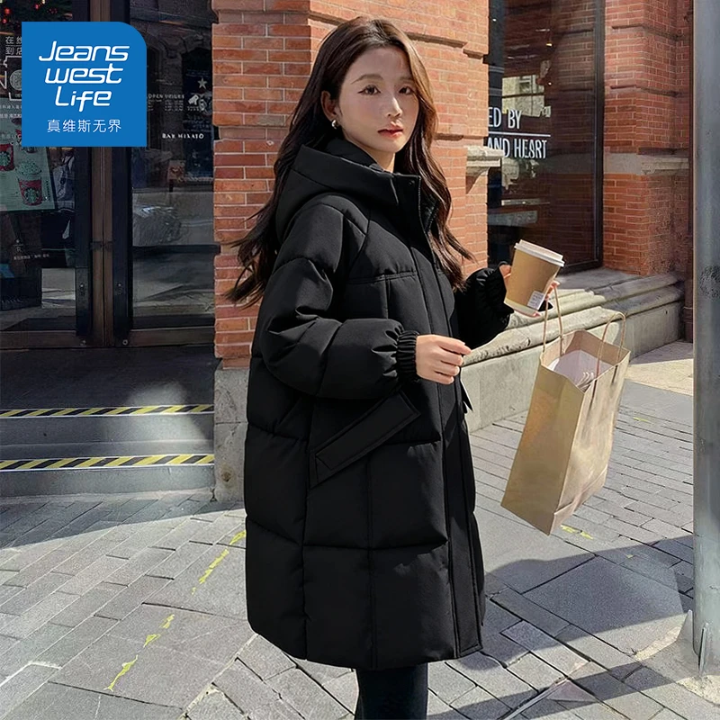 真维斯无界冬季连帽中长款棉服女ins潮绗缝设计感抗风长保暖外套