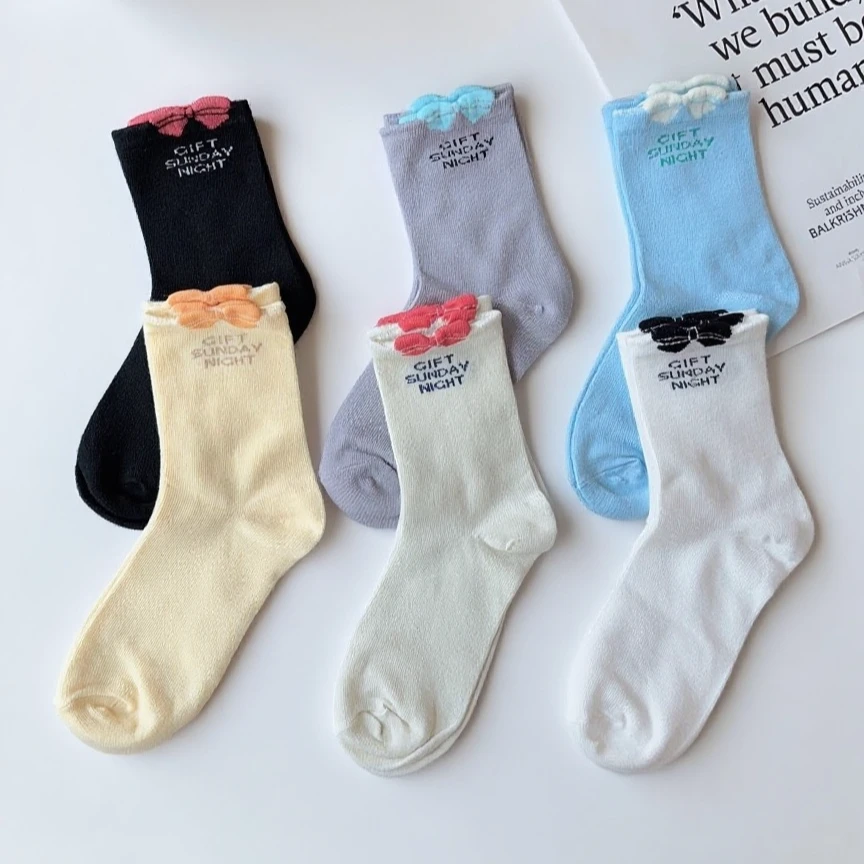 薄款中筒蝴蝶结休闲风法式中筒袜可爱风蝴蝶结字母袜A004