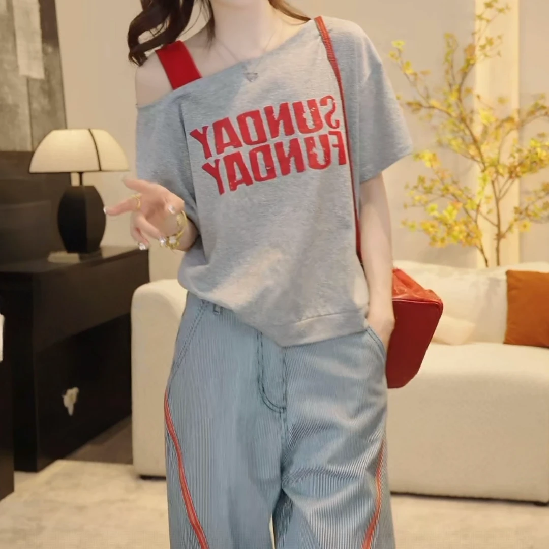 时尚休闲气质短袖T恤女2025夏季新款休闲宽松显瘦上衣设计感百搭