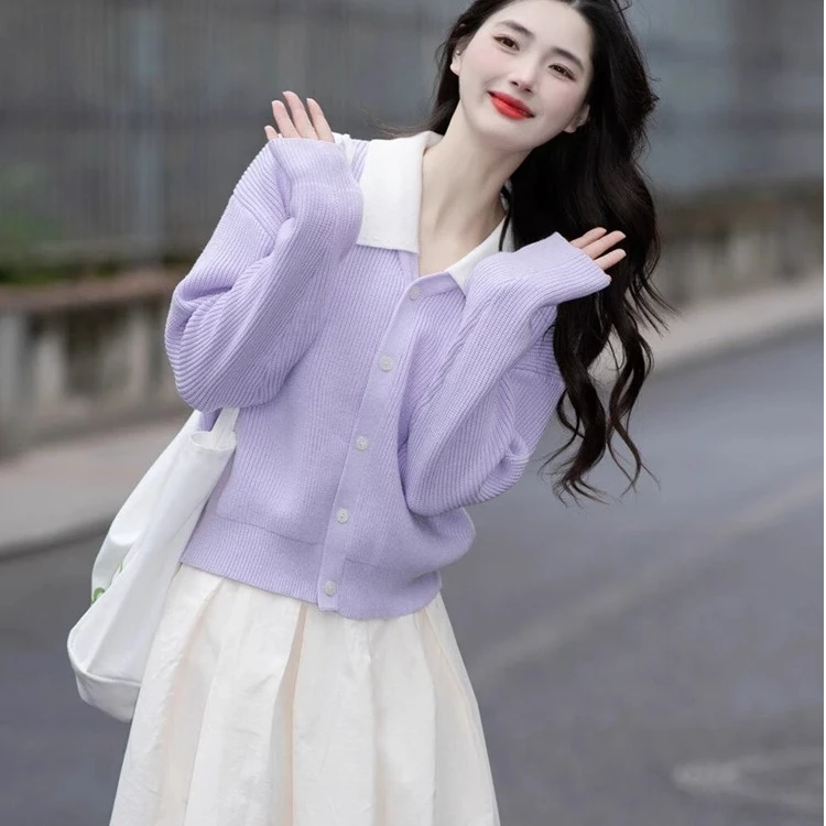 紫色小香风翻领针织开衫外套女早秋季小个子短款洋气卡腰毛衣上衣