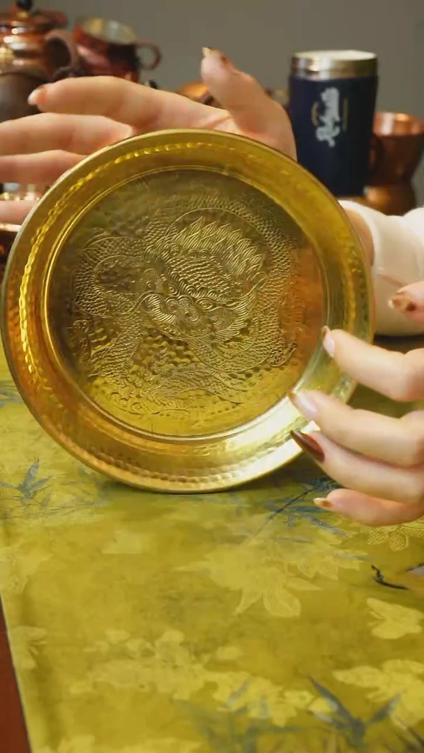 紫铜包黄铜团龙纹果盘