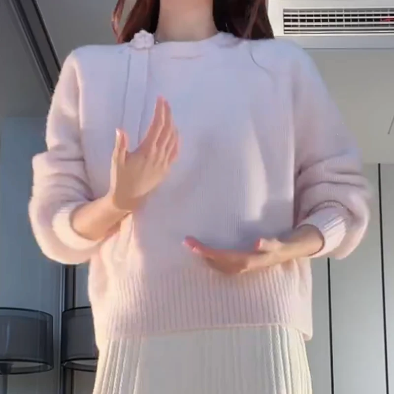 超美花朵飘带泡泡袖毛衣女加厚软糯设计感针织衫打底LK2508855