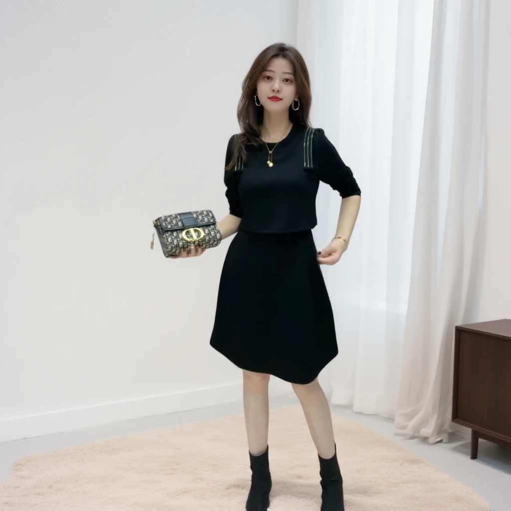 秋冬款荷叶肩假两件收腰显瘦长袖连衣裙法式气质赫本风洋气小黑裙