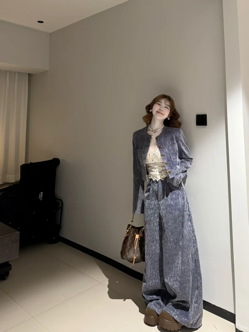 2025早春新款韩系穿搭小香风时尚短款外套女搭配阔腿裤两件套装女