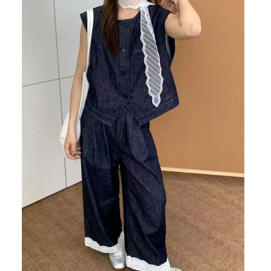 DEZI显瘦牛仔马甲加蕾丝边休闲裤时尚女套装HD69355066