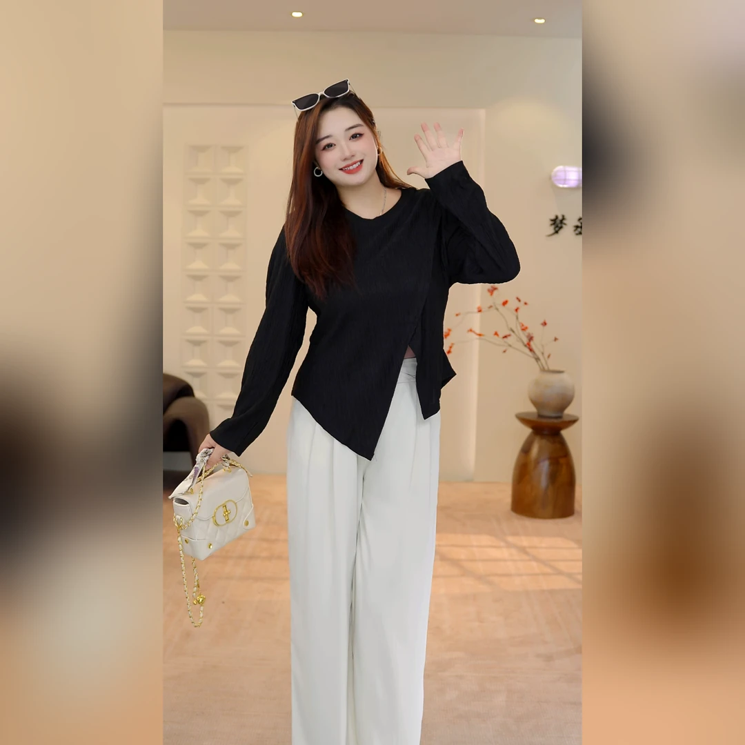 大码女装胖MM显瘦设计感不规则下摆镂空拼接上衣宽松休闲针织T恤