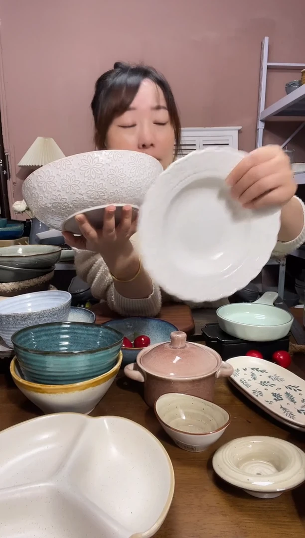 瓷微瑕（2个装）海棠花深盘+草帽