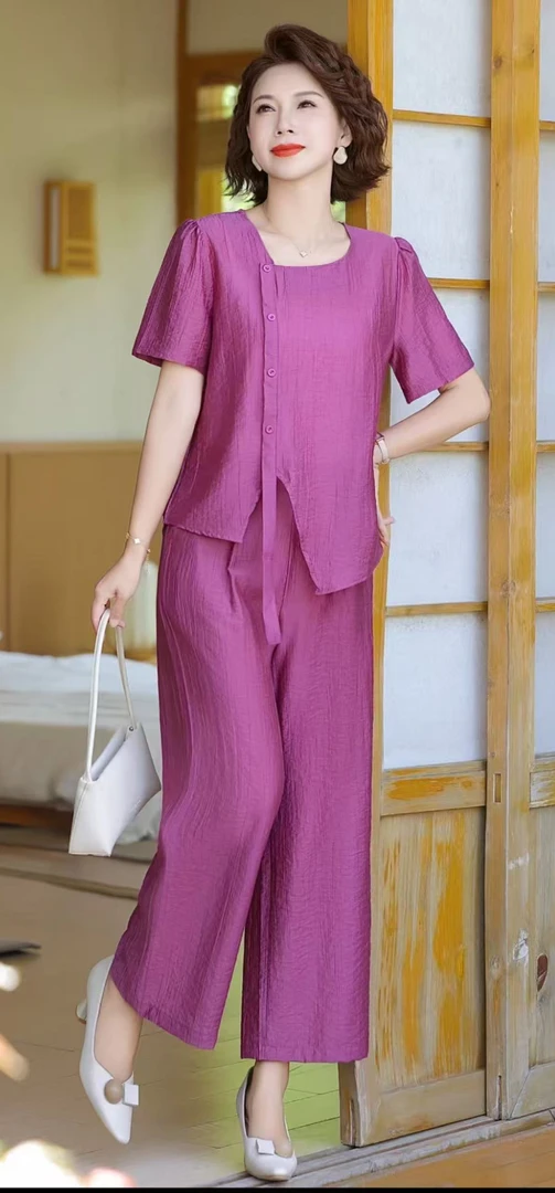 9417-高端洋气短袖两件套女夏季新款时尚显瘦减龄妈妈套装[艾维美