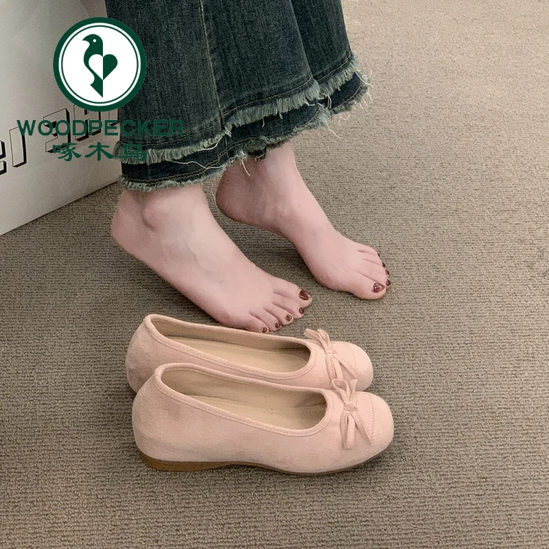 啄木鸟绒面单鞋女2025新款蝴蝶结奶奶鞋内增高法式复古芭蕾鞋