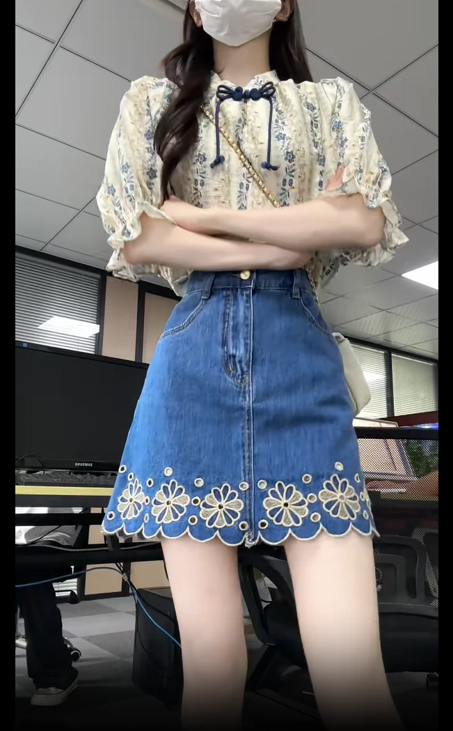 【景泰蓝瓷】立领短袖衬衫女夏薄款气质轻熟小众不撞款上衣半裙套装