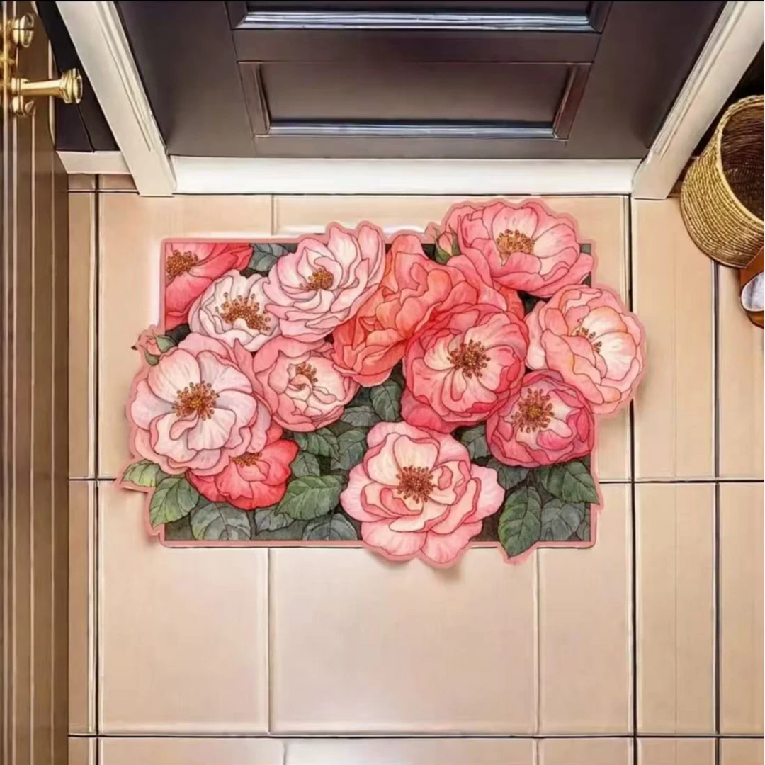 牡丹花丛异形地垫吸水家用脚垫脚垫家用卧室玄关吸水印花浴室