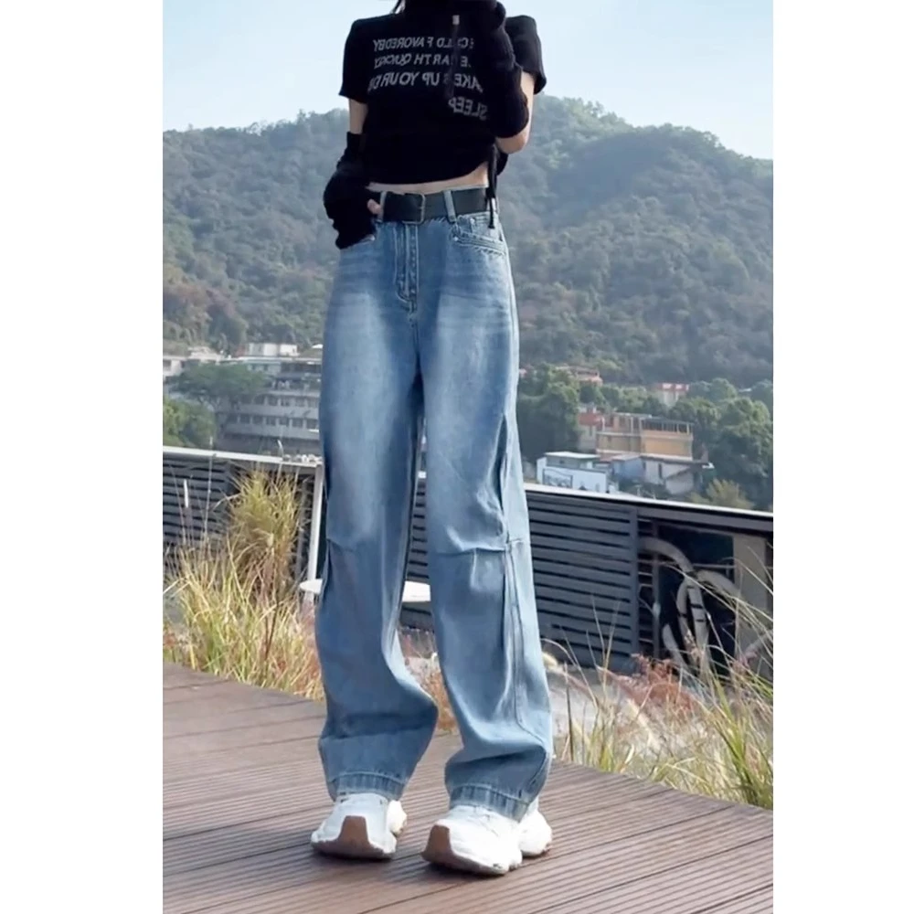 9665时髦洗水复古掐褶弯刀牛仔裤女春季休闲显瘦痞帅风百搭阔腿裤