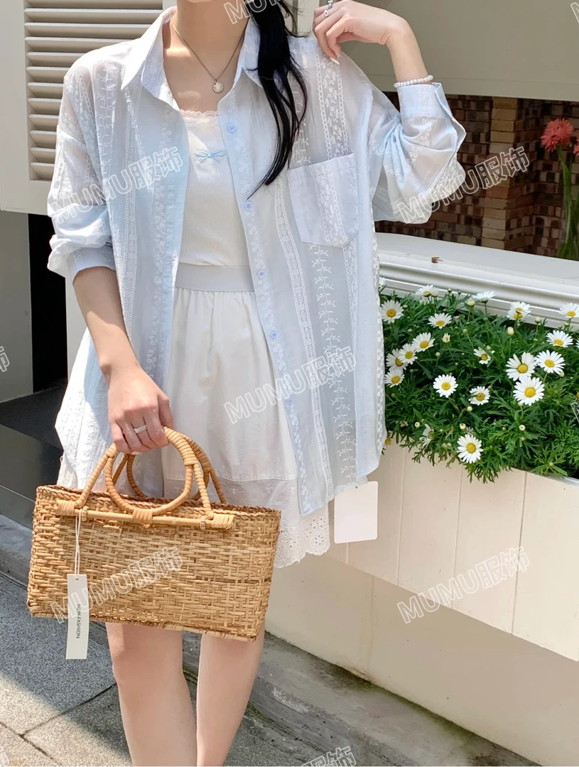 甜美蕾丝薄款提花防晒夏季纯色衬衫透气韩版设计感上衣休闲衬衣5