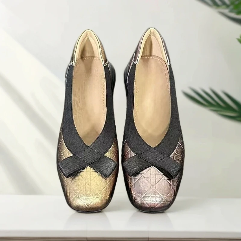 【慧丽心选】2025春季高端气质舒适格纹蝴蝶结金色真皮浅口鞋QY2343