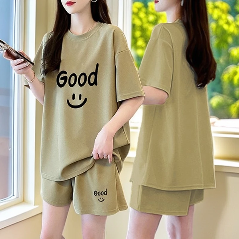 纯棉休闲运动套装女夏季2025新款大码胖mm显瘦韩版短袖短裤两件套