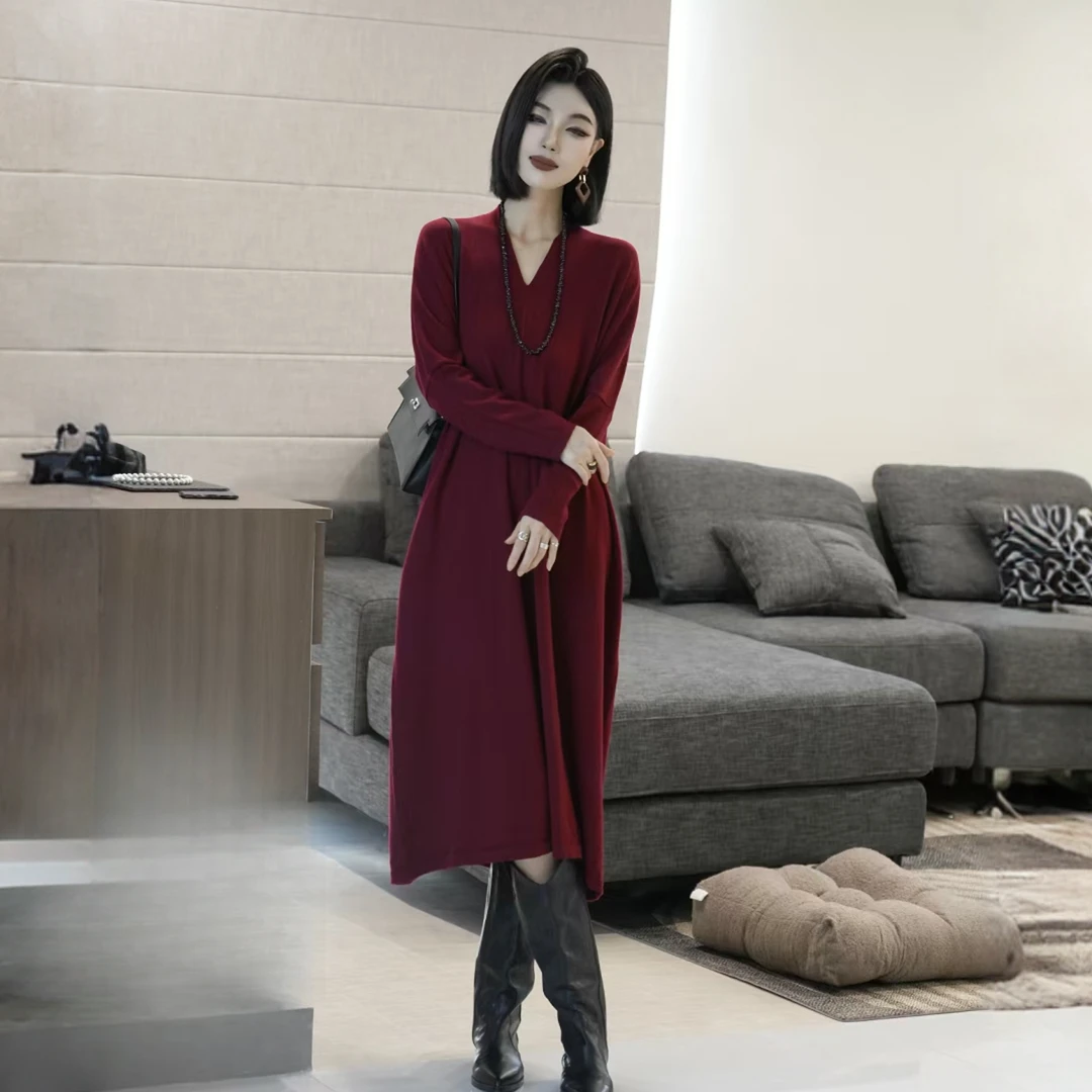 POPULARYW【蔷薇梦境】Z·R上品屋  简约休闲长袖纯色V领显瘦连衣裙