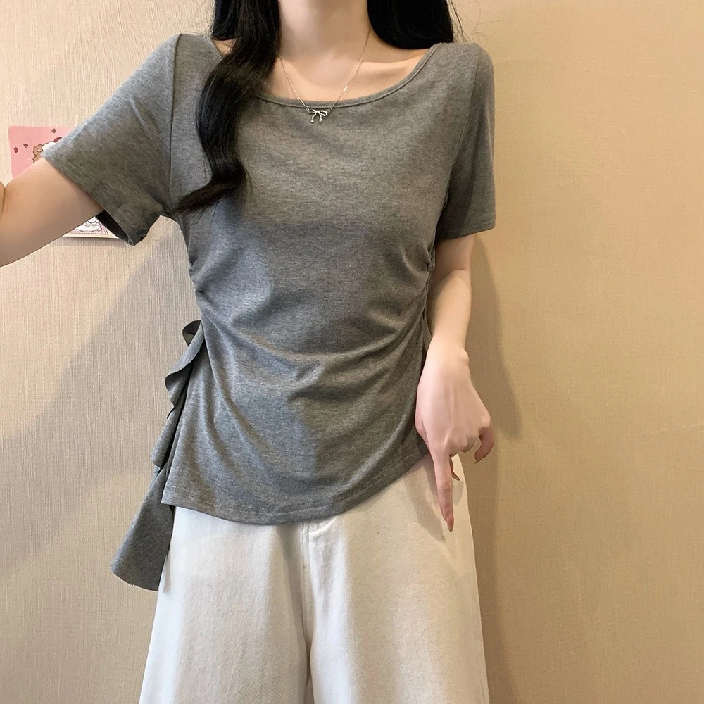 大码女装2025夏季新款荷叶边抽绳短袖T恤上衣显瘦百搭不规则开叉