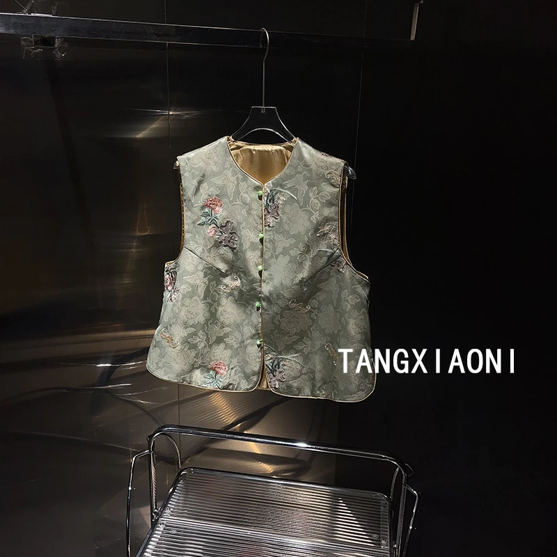 渠道货【胭脂蓝】拼色刺绣小蔷薇马甲