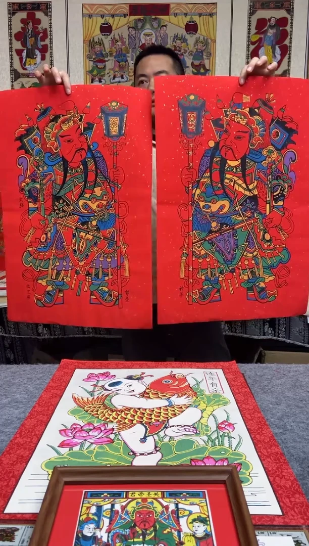 红布裱顶大神荼郁垒红宣纸一对手工制作精品