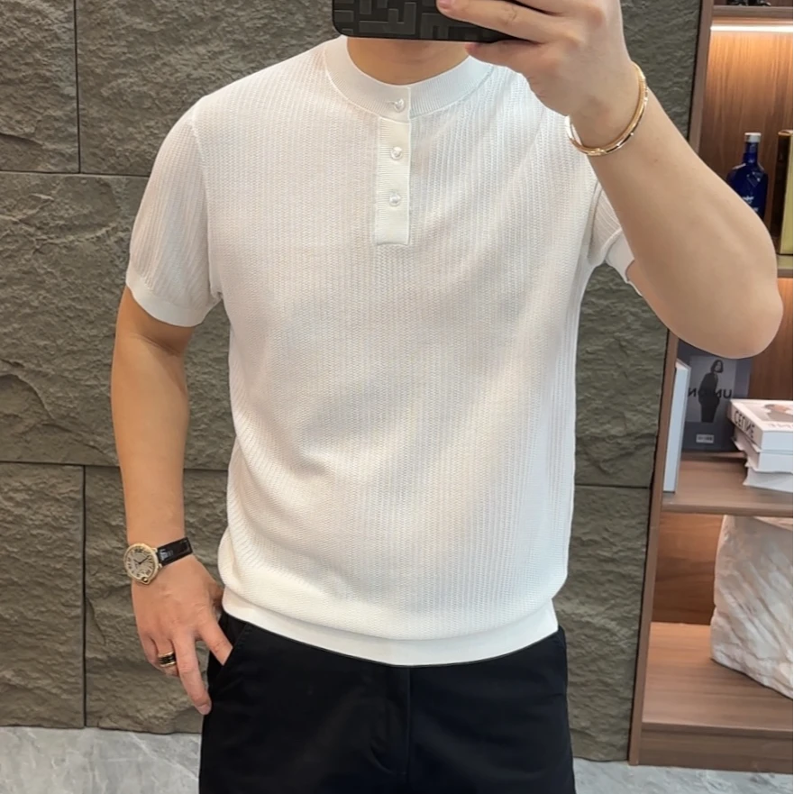 GCONE男士男装夏季桑蚕丝亨利领针织高品质半袖T恤