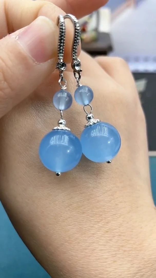 【闪购商品】海蓝宝石耳坠银S925镶嵌海蓝双珠耳钩