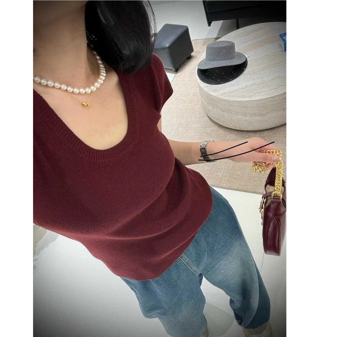 2025春夏通勤百搭新款U领显瘦针织衫短袖女修身时尚外穿气质上衣