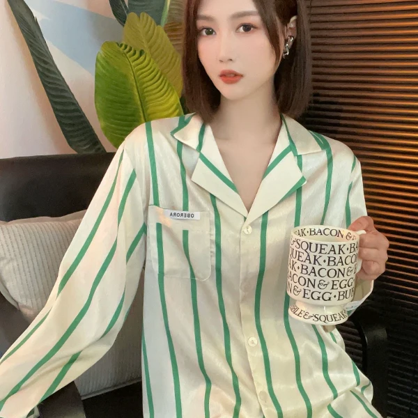 达芬奇密码2025新款人字纹绿条女士睡衣款长袖长裤翻领家居服套装
