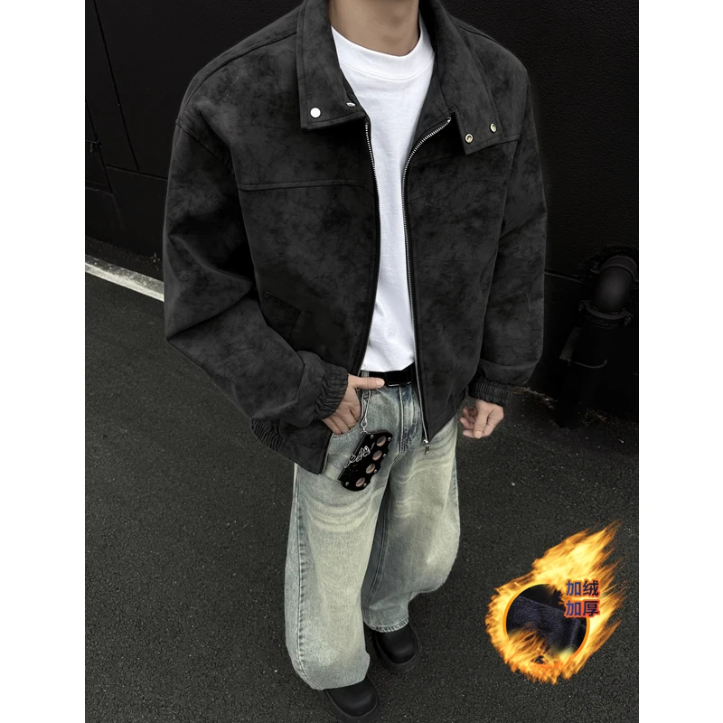 秋冬穿搭夹棉外套复古雾面裂纹立领皮夹克棉服外套休闲百搭潮棉衣