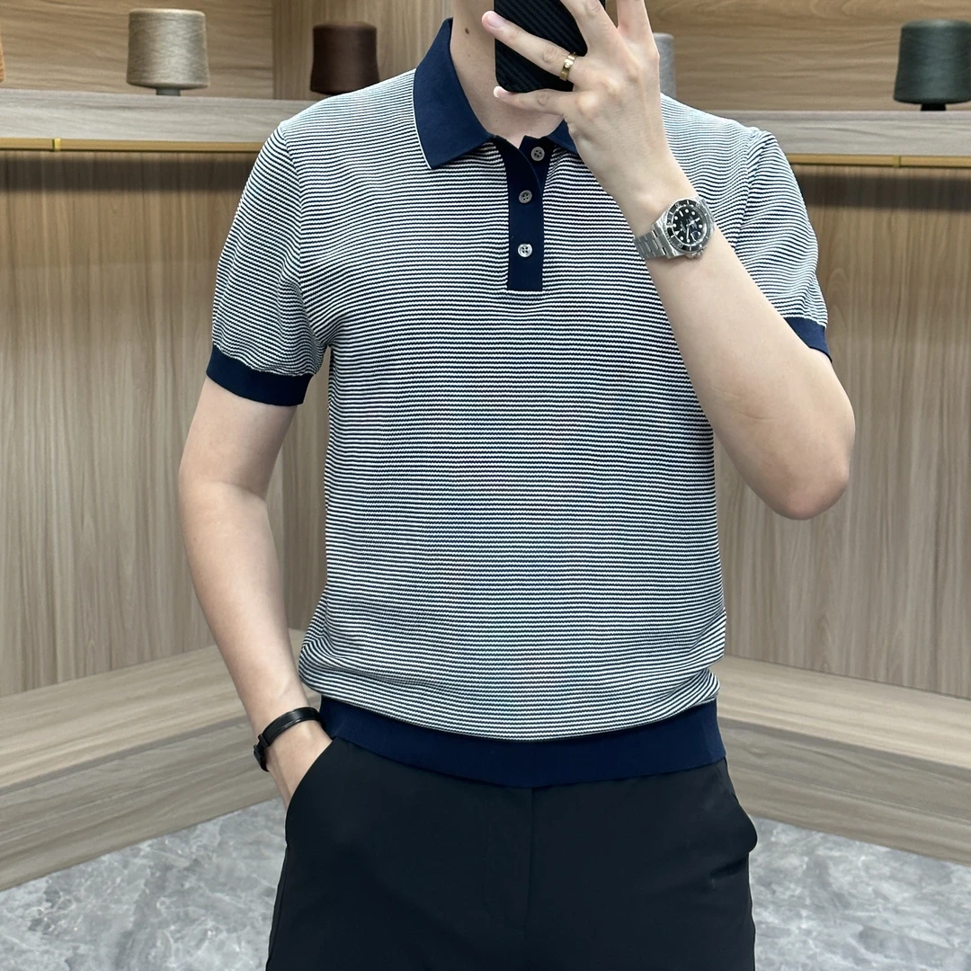 2025新款男士夏季轻奢时尚针织polo衫条纹修身百搭翻领短袖潮流
