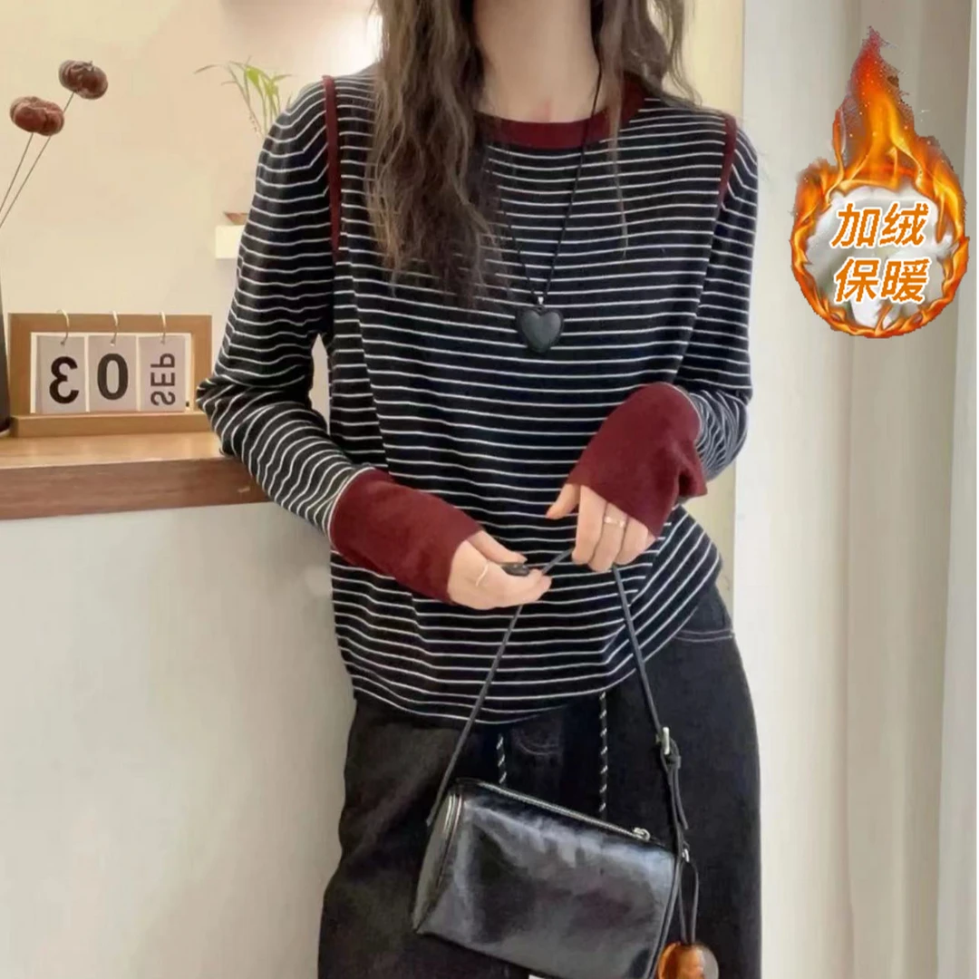 清仓·加绒保暖-外贸品质长女设计感撞色百搭显瘦打底衫女搭24200
