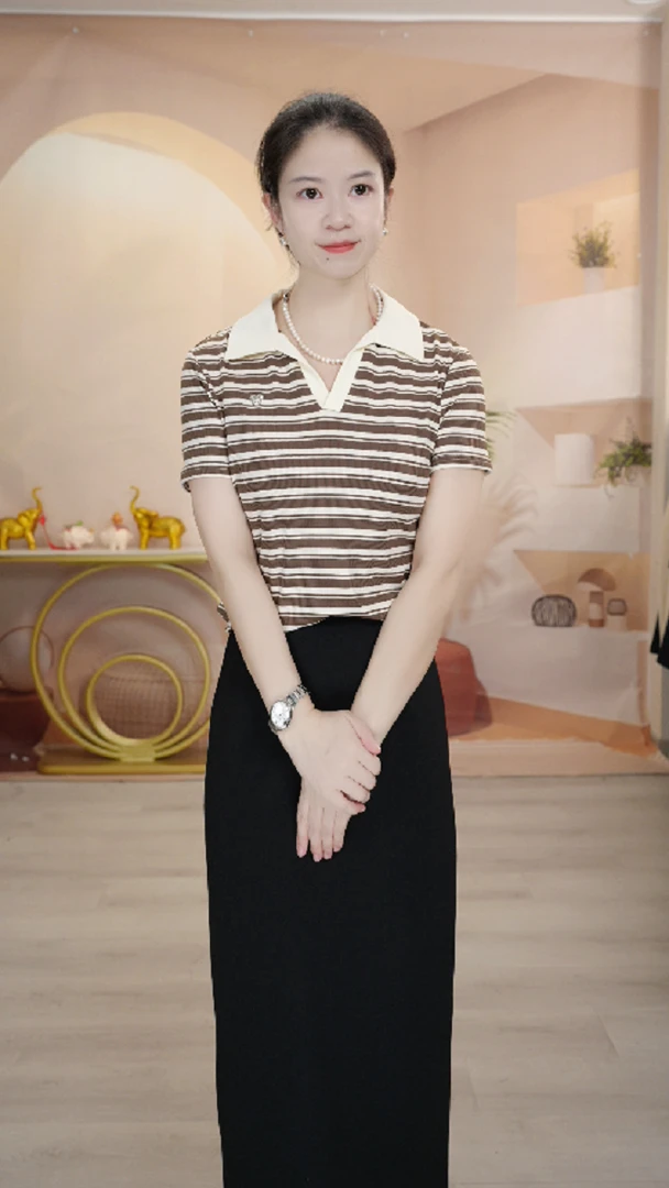 S2520  短袖不对称条纹长款V领潮流圆领常规时T恤女士百搭