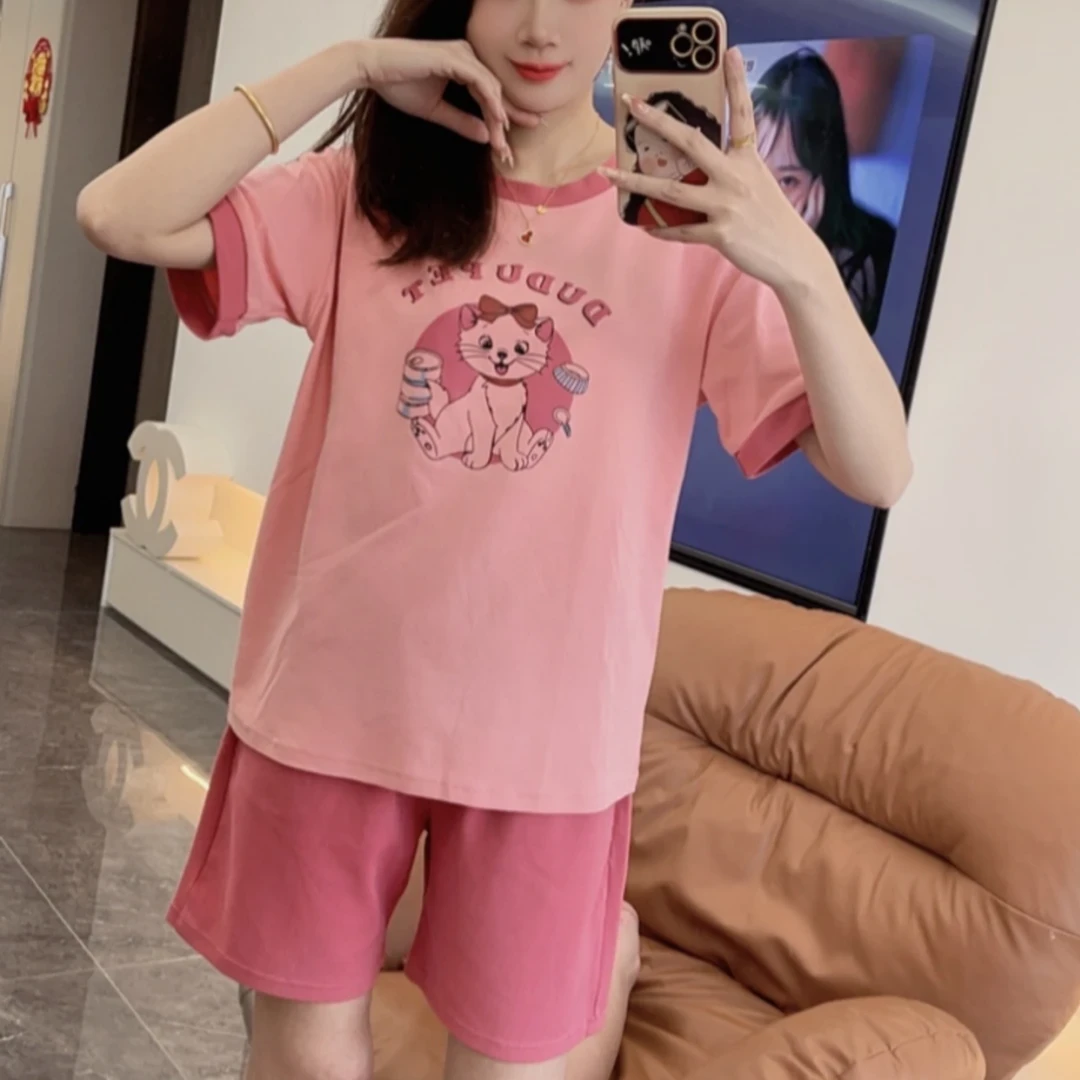 (带胸垫)夏季女士纯棉短袖短裤休闲睡衣套装梅粉猫咪 C9915