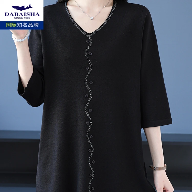 2025新款纯色V领冰丝针织衫女宽松遮肚上衣休闲中老年女打底衫薄