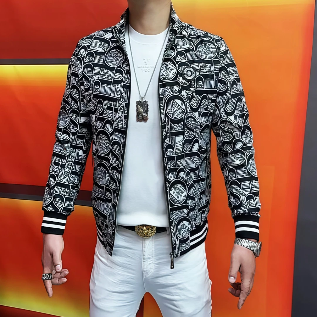 阿伟家男士秋冬立领百搭潮流夹克上衣高品质修身黑色印花男外套