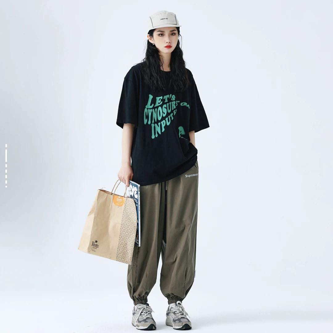 SUPERMOON 复古字母印花宽松束脚机能工装休闲裤 男女同款
