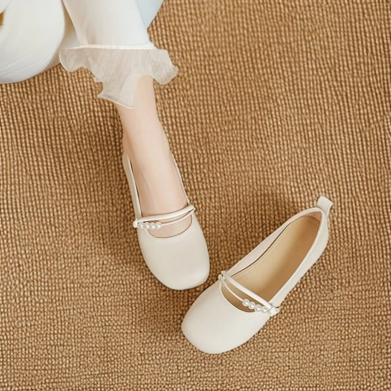 软底单鞋2025百搭软皮玛丽珍气质爆款新款白色学生珍珠浅口夏季