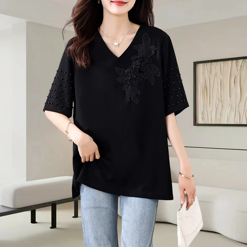 黑色重工钉珠V领短袖t恤女2025夏季新款宽松大码显瘦休闲气质上衣