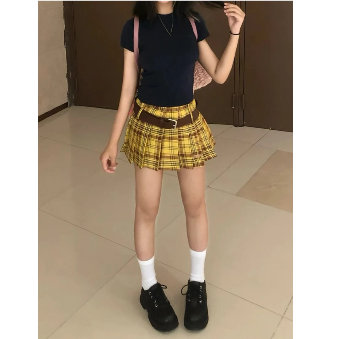 大码胖mm学院风黄色格纹短裙小众设计感格子高腰显瘦百褶半身裙女