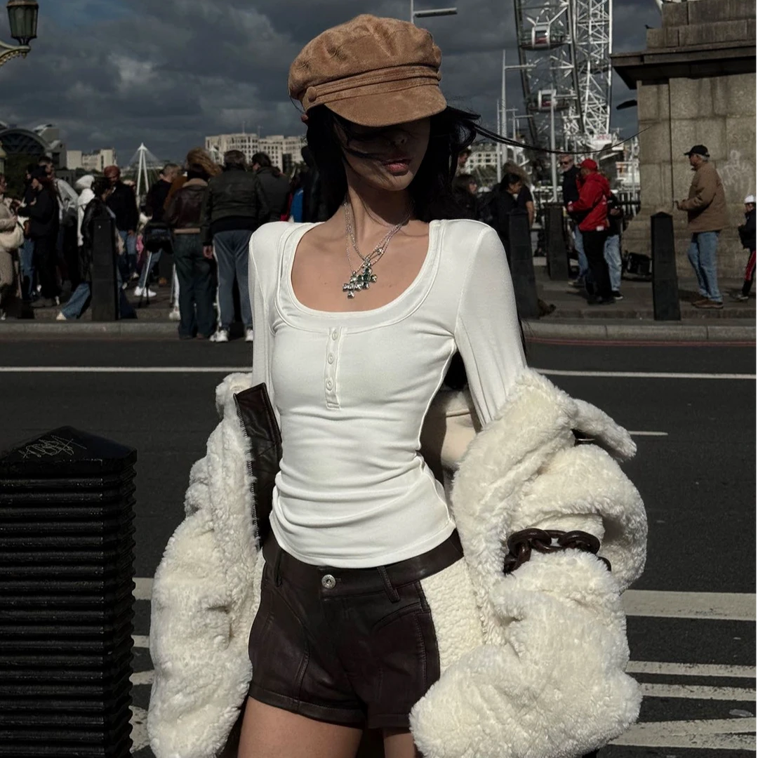 美式辣妹白色假两件T恤女2025秋季新款修身显瘦百搭打底衫上衣