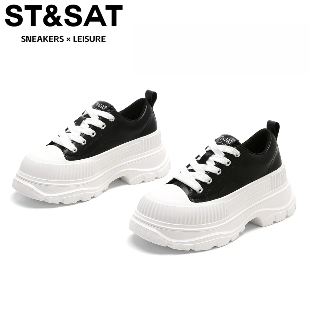 星期六真皮小个子厚底松糕老爹鞋女款2025冬季新款增高运动帆布鞋