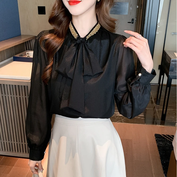 法式设计感小众亮片蝴蝶结雪纺衫女春季2025新款高级感气质衬衫女