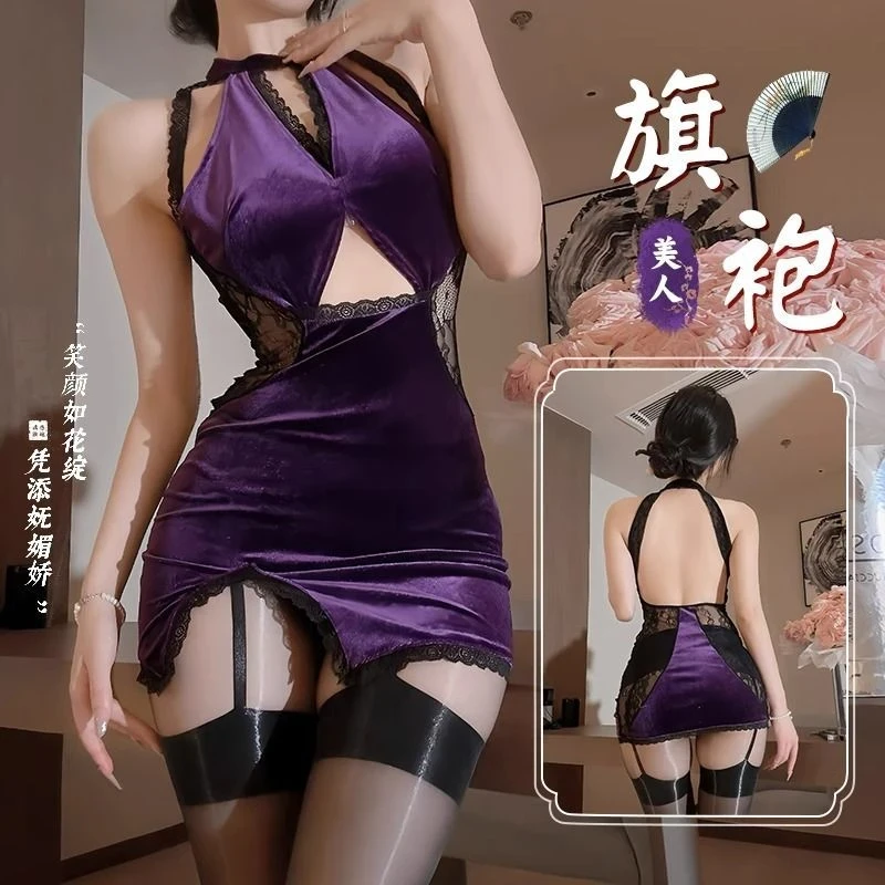 美人心计！性感复古丝绒连衣裙紫色后背绑带裙子