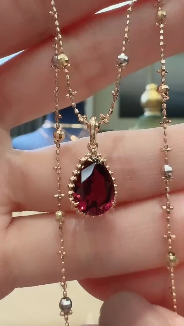 定制石榴石吊坠不含链18K金镶嵌18K金水滴吊坠