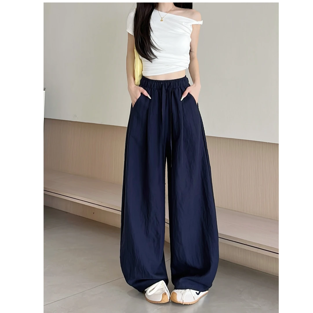 【现货运险】夏季时尚百搭阔腿裤抽绳松紧腰简约弯刀裤休闲裤