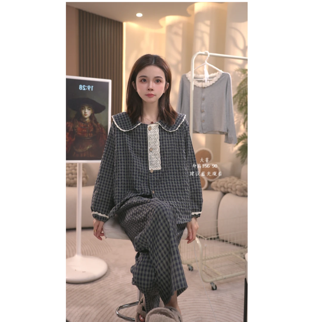 大菲【秋亭落雨】春秋夏季小众睡衣女家居服宽松棉韩版两件套套装