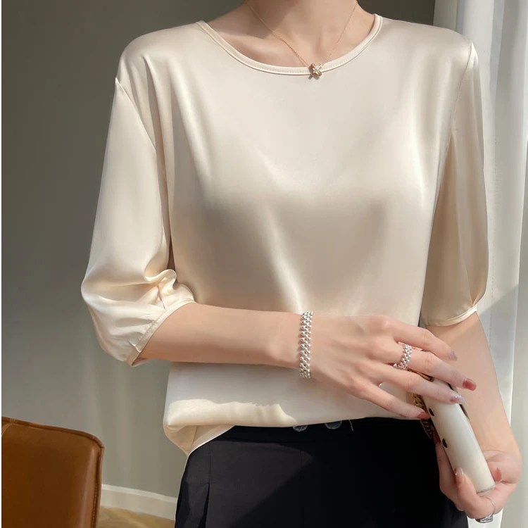 【热卖推荐】重磅100桑蚕丝圆领五分袖丝滑柔软细腻中袖短袖