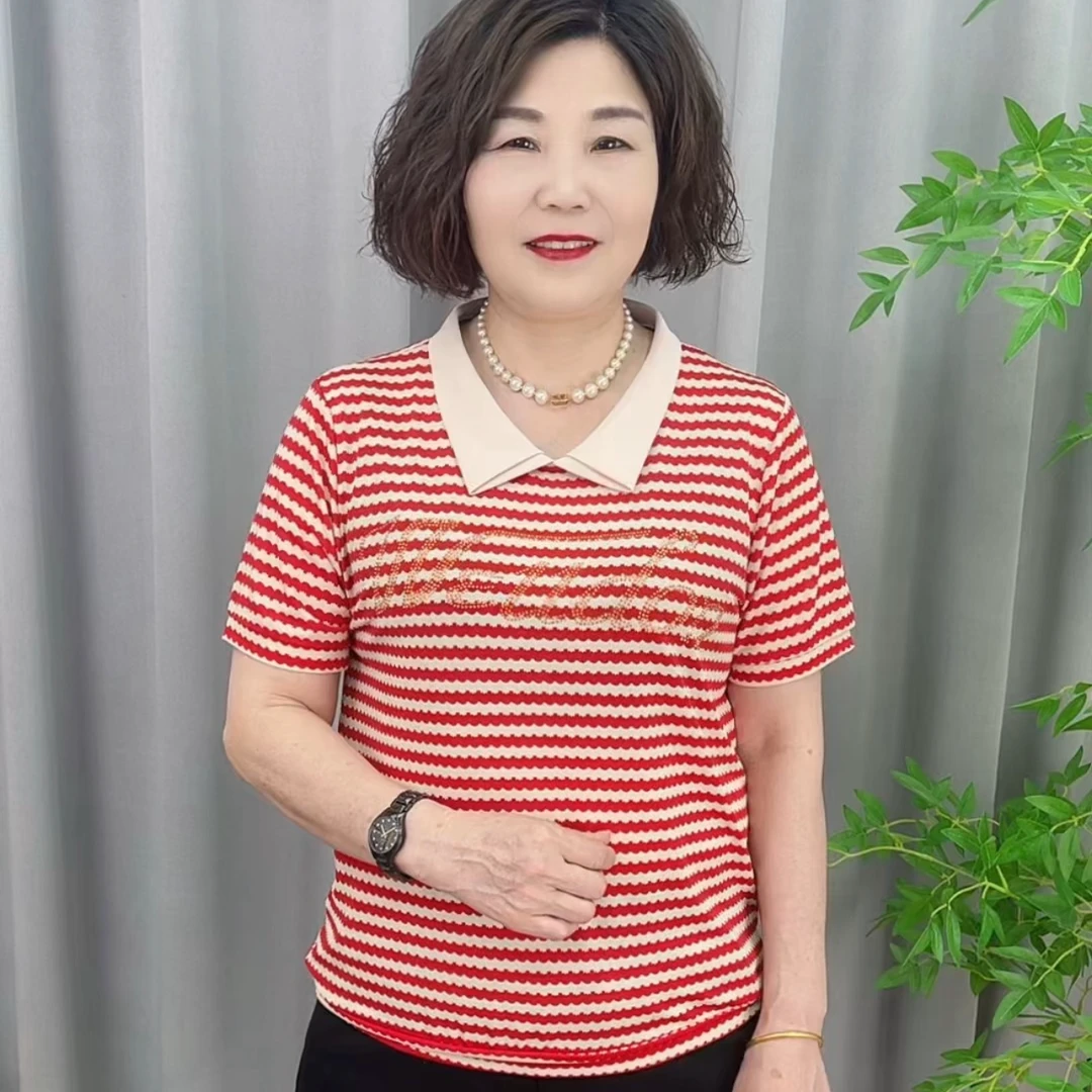 夏季新款娃娃领气质妈妈装条纹烫钻宽松遮肚显瘦短袖上衣V2805